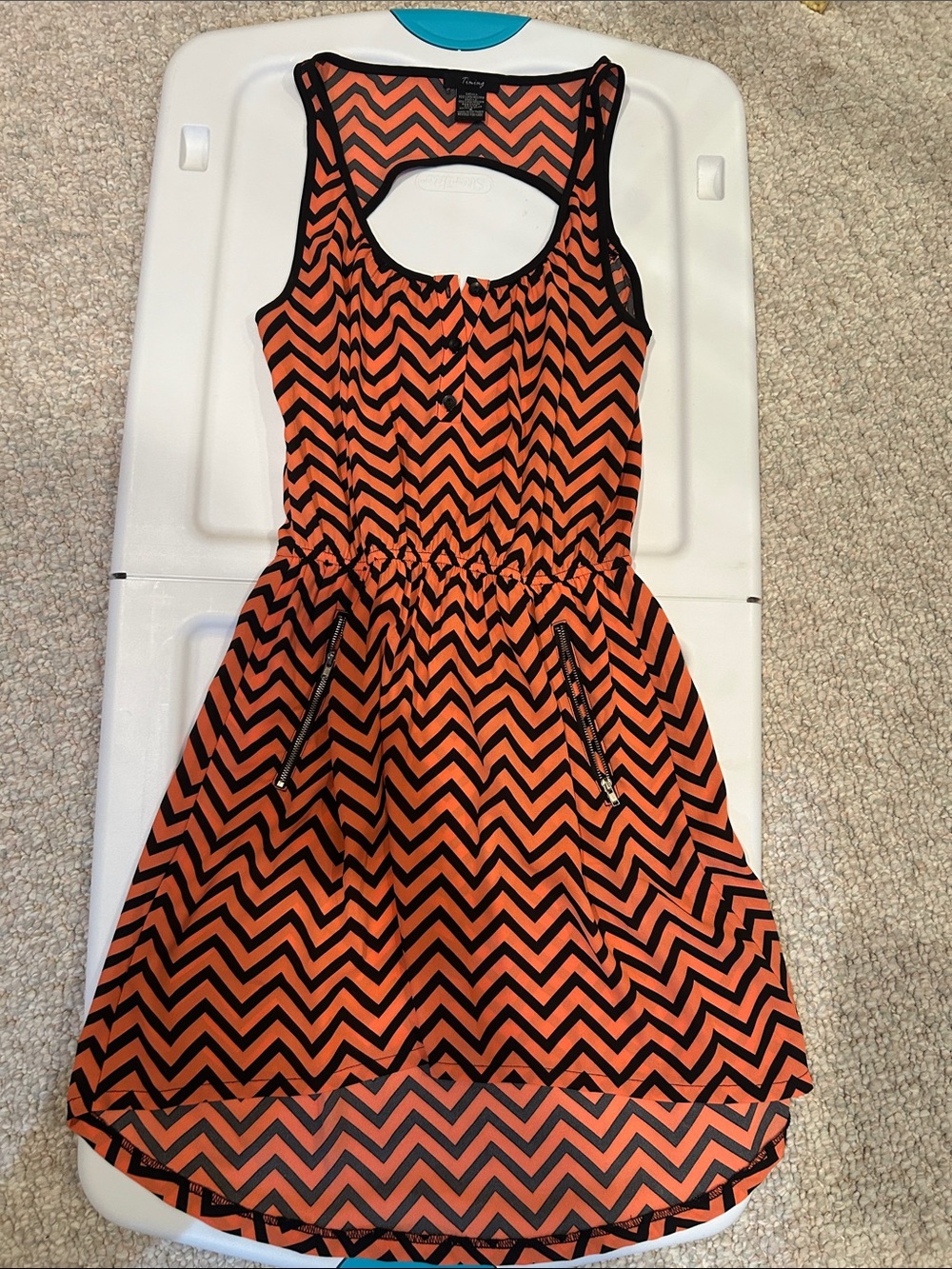 Girls Chevron Tank Dress with Zip Pockets - Orange & Black